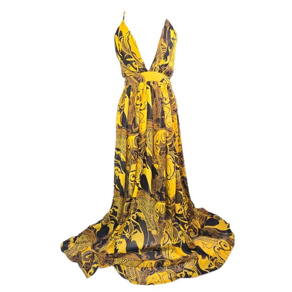 NWT Fashion Nova Yellow Black That Time of Day Deep V Maxi Flowy LOw Back Dress - Picture 2 of 11